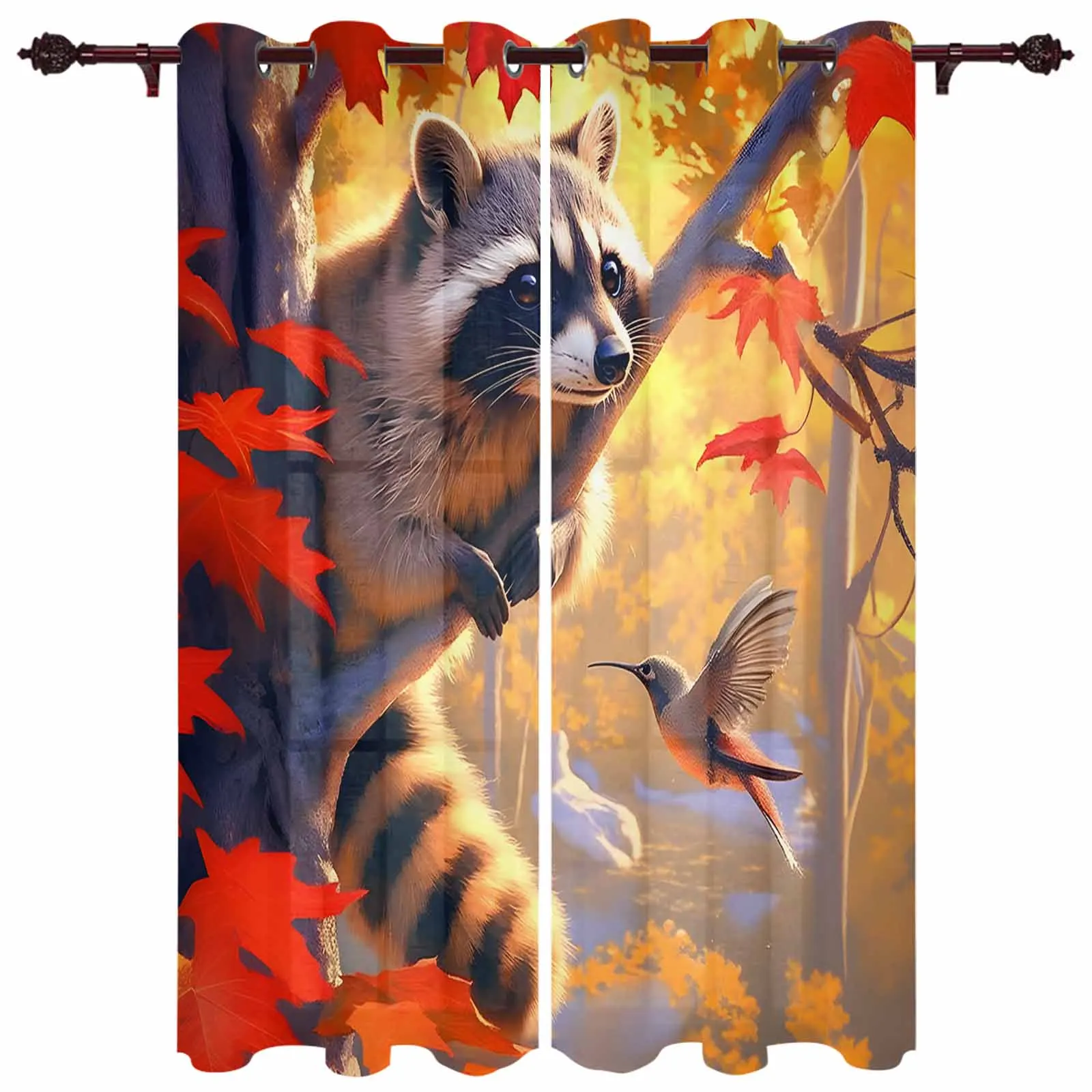 Autumn Maple Tree Maple Leaf Raccoon Hummingbird Curtains for Living Room Hotel Decor Window Treatment Luxury Drapes