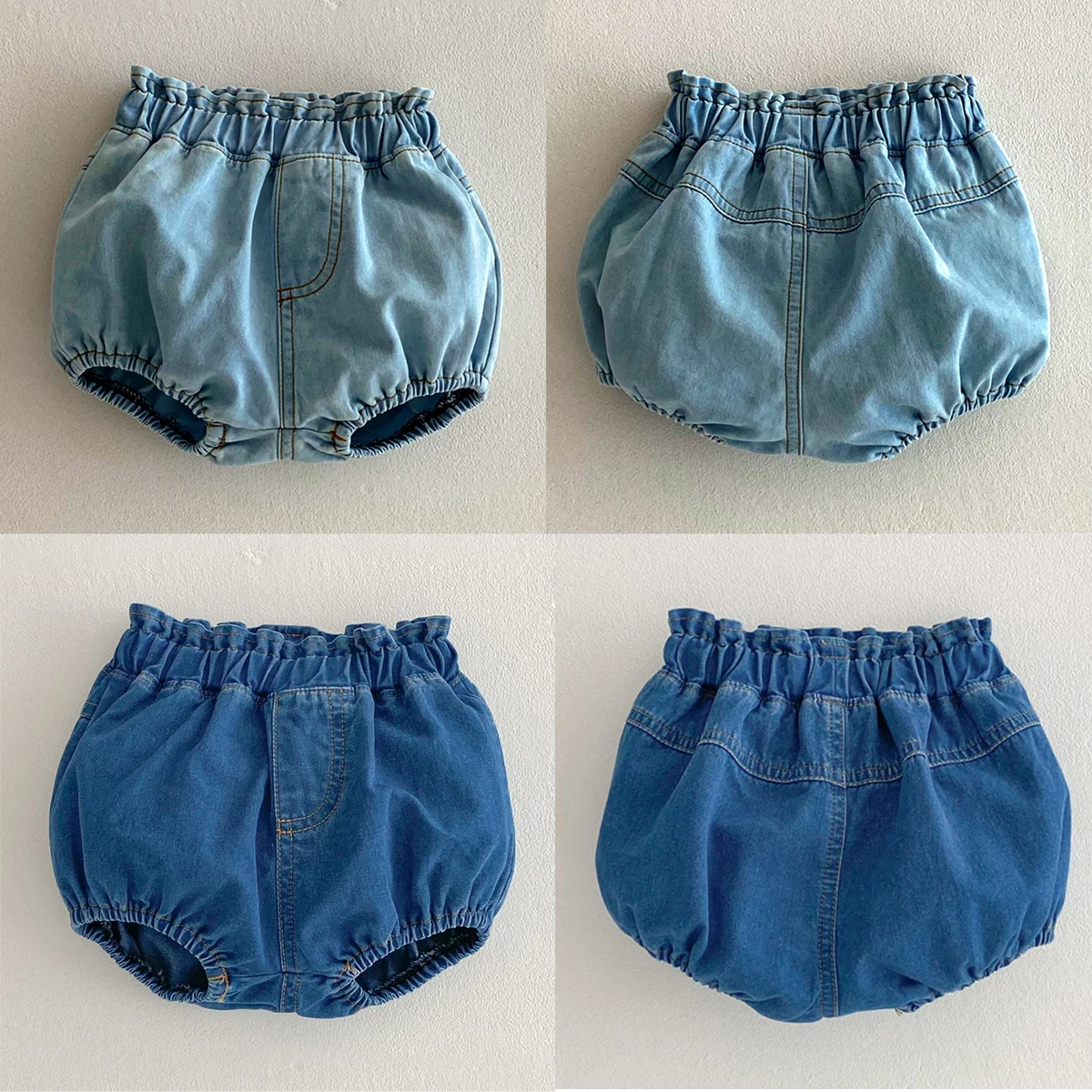 Baby Denim Bloomers Shorts Newborn Soft Cozy Cotton Toddler Boys Girls Summer Shorts Pants Ruffles Waist Kids Clothing 0-3T