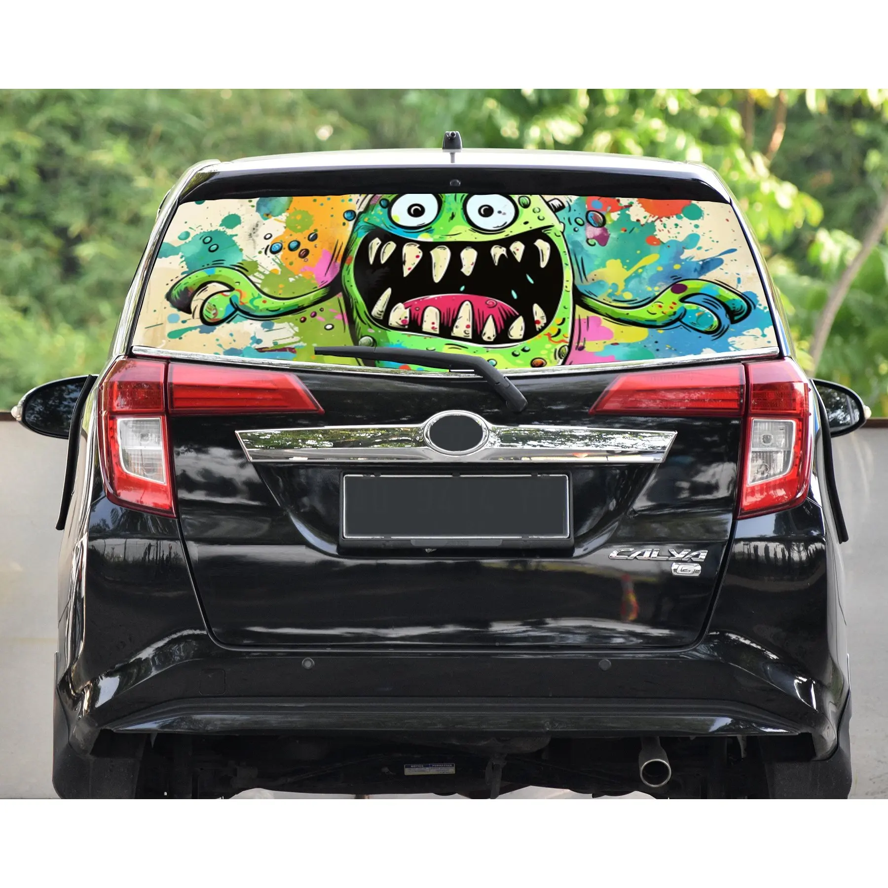 يلتف الفينيل المثقوبة من مادة PVC على شكل وحش أخضر من Joyful، ملصق زجاج خلفي متين للسيارة، مقاوم للماء للزجاج الأمامي للسيارة #3