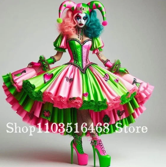 Custom Pastel Green and Pink Clown Prom Dress Embroidered Corset with Puffy Skirt Heart Appliques Special Occasion Evening Gown