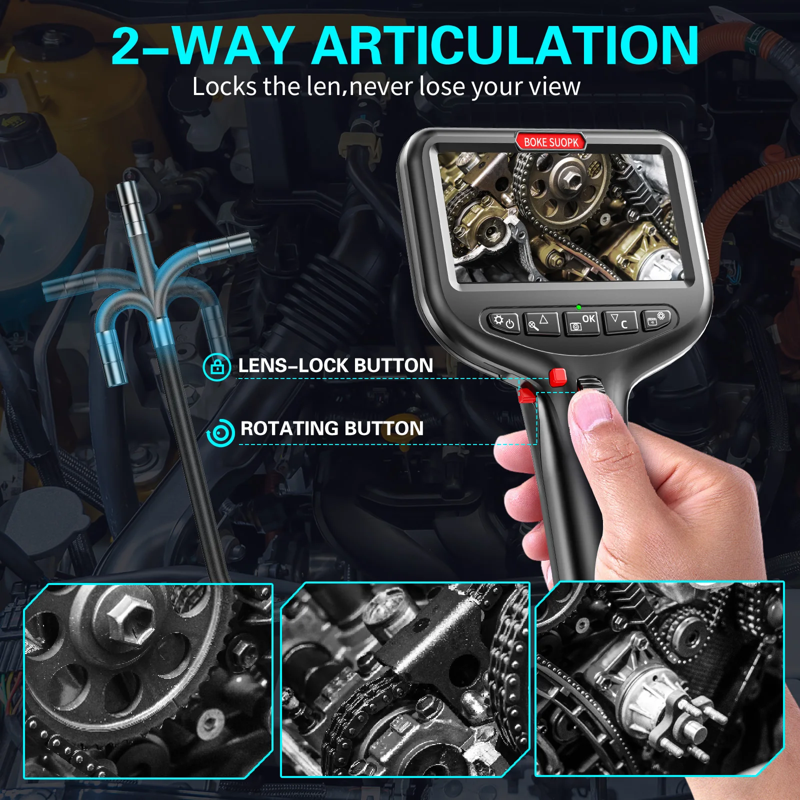 Two-ways Steering Industrial Endoscope Camera 6mm Dual Lens 4.3 inch Inspection Borescope For Endoscopy Car