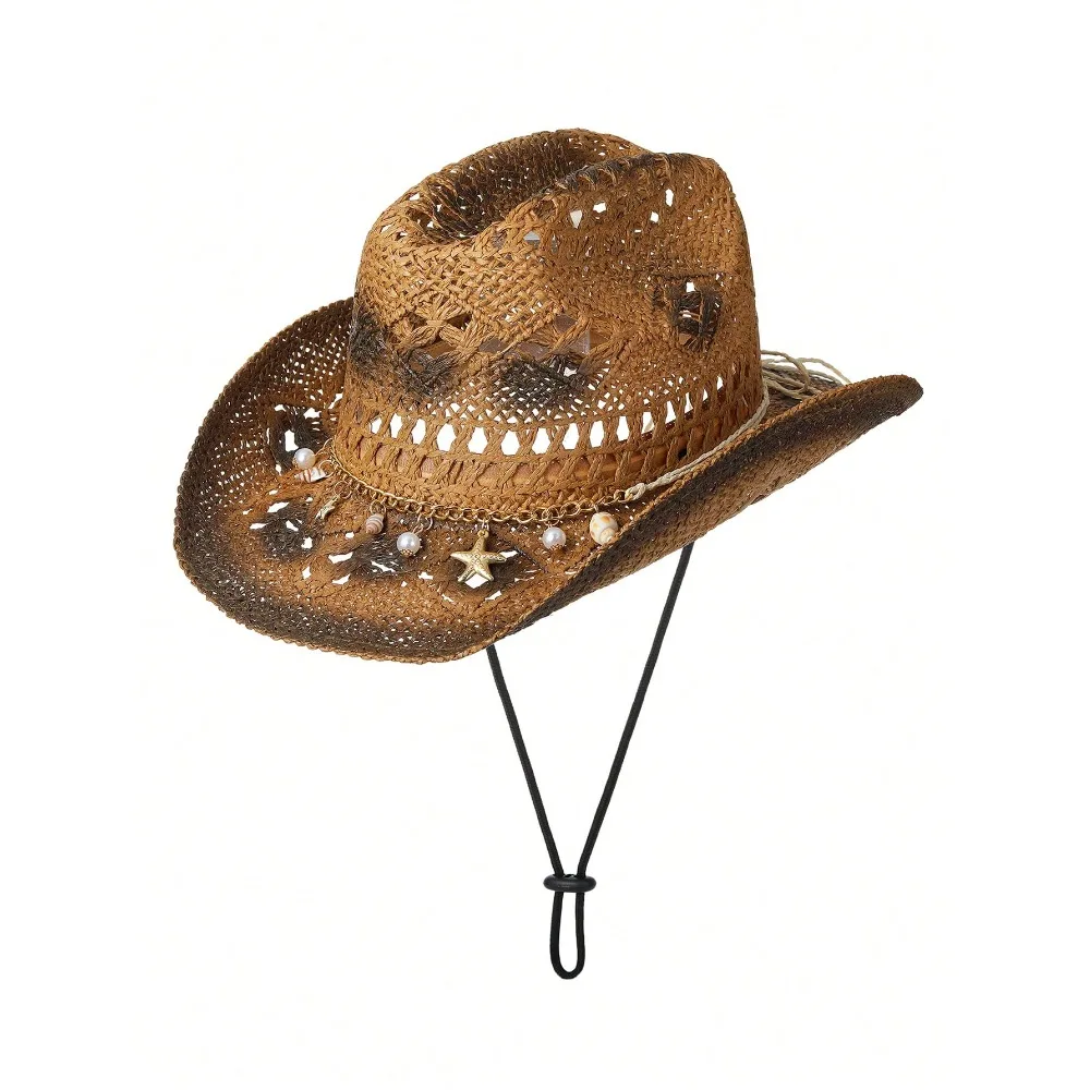 

1pc Unisex Starfish & Conch Decor Ridge Dyeing Printed Boho Hollow Out Wide Brim Hand Woven Windproof Rope Casual Handmade Trave