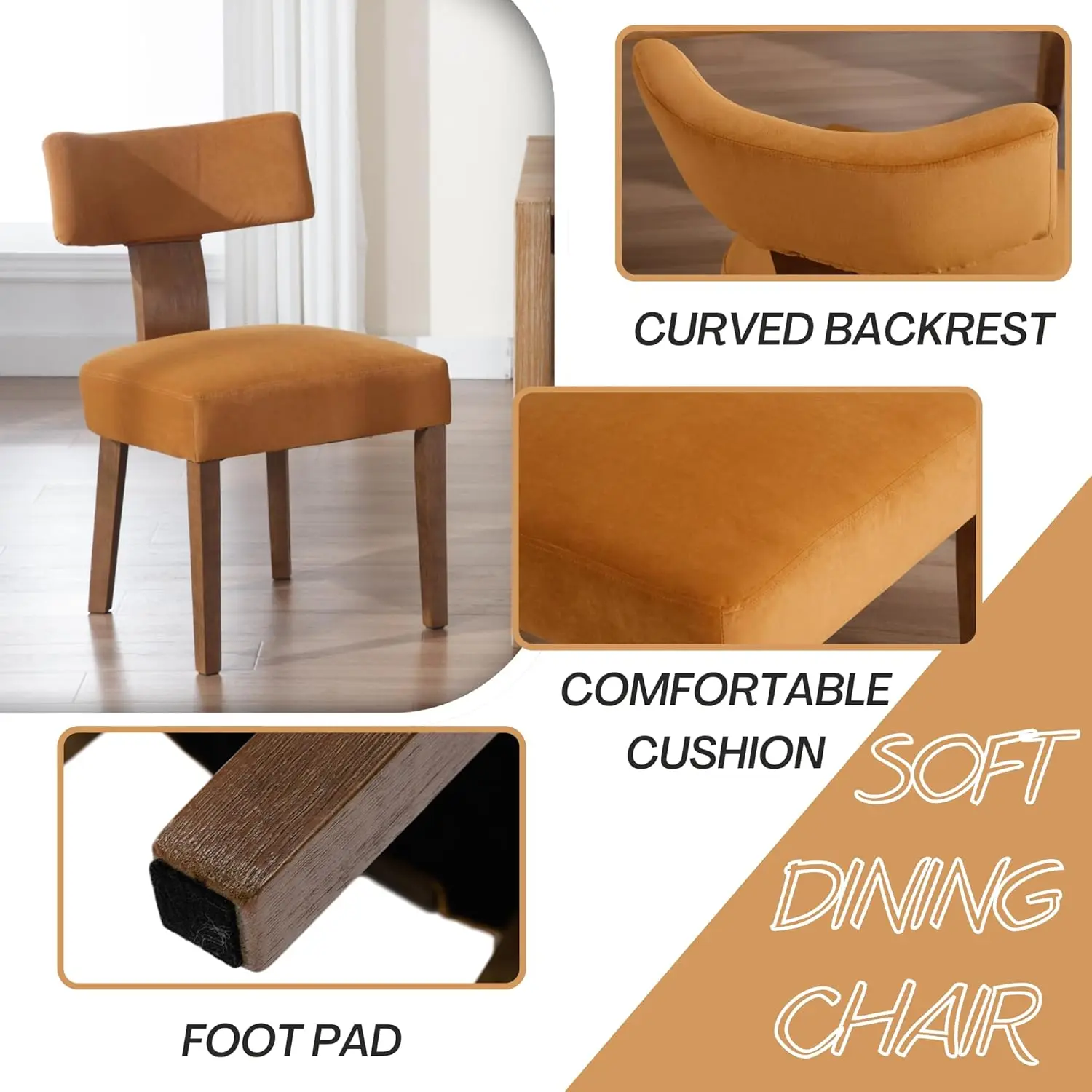 Ensemble de 6 chaises de salle à manger modernes, chaises d'appoint rembourrées confortables avec pieds en bois, chaises de salle à manger en tissu velours avec dossier à oreilles incurvé