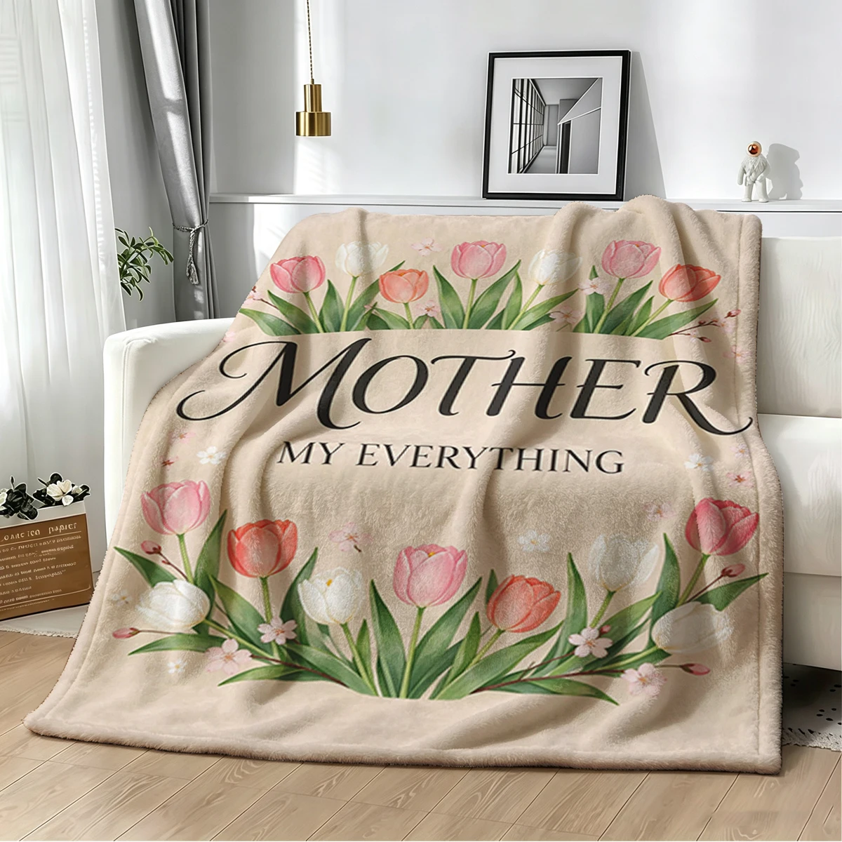 Mother Thanks Tulip White Lightweight Flannel Blanket Breathable Cozy Throw Blanket for Spring Summer Sofa Bed Air Conditioning