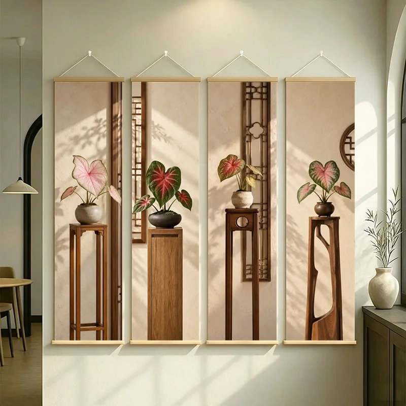 Wall Art Pink Caladium and Sweetheart Caladium, Wabi-Sabi Silver Shimmer Canvas Hanging Scroll for Yoga Studio Home Decor