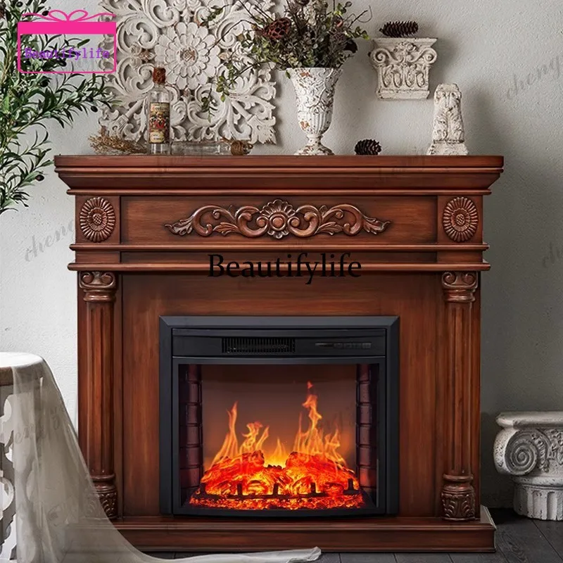 a55 American vintage decorative fireplace cabinet carved European style villa living room simulated flame mantel heater heater