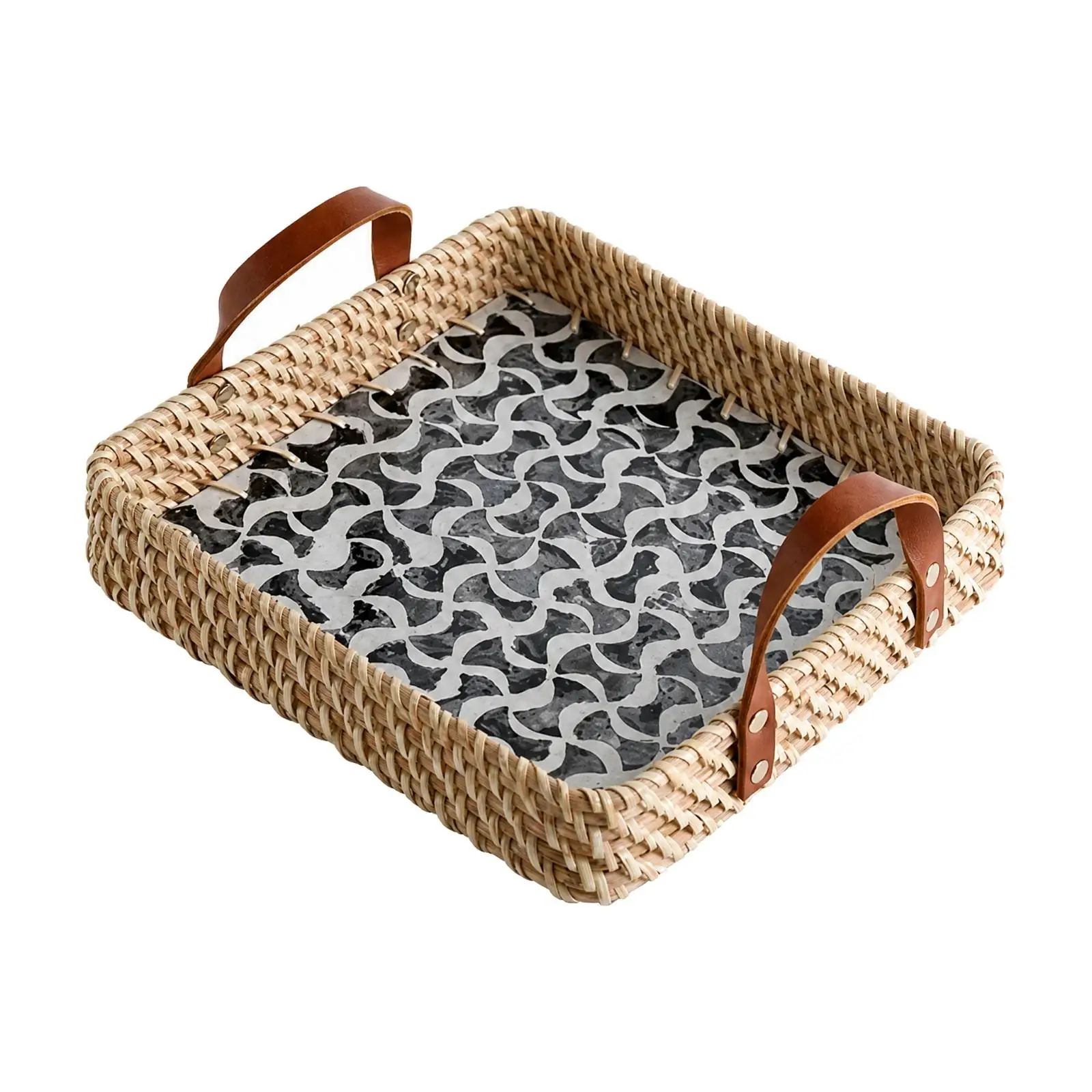 Decorative Woven Rattan Storage Tray with Shell Inlay Serving Tray for Party Snacks Fruit Bread Countertop