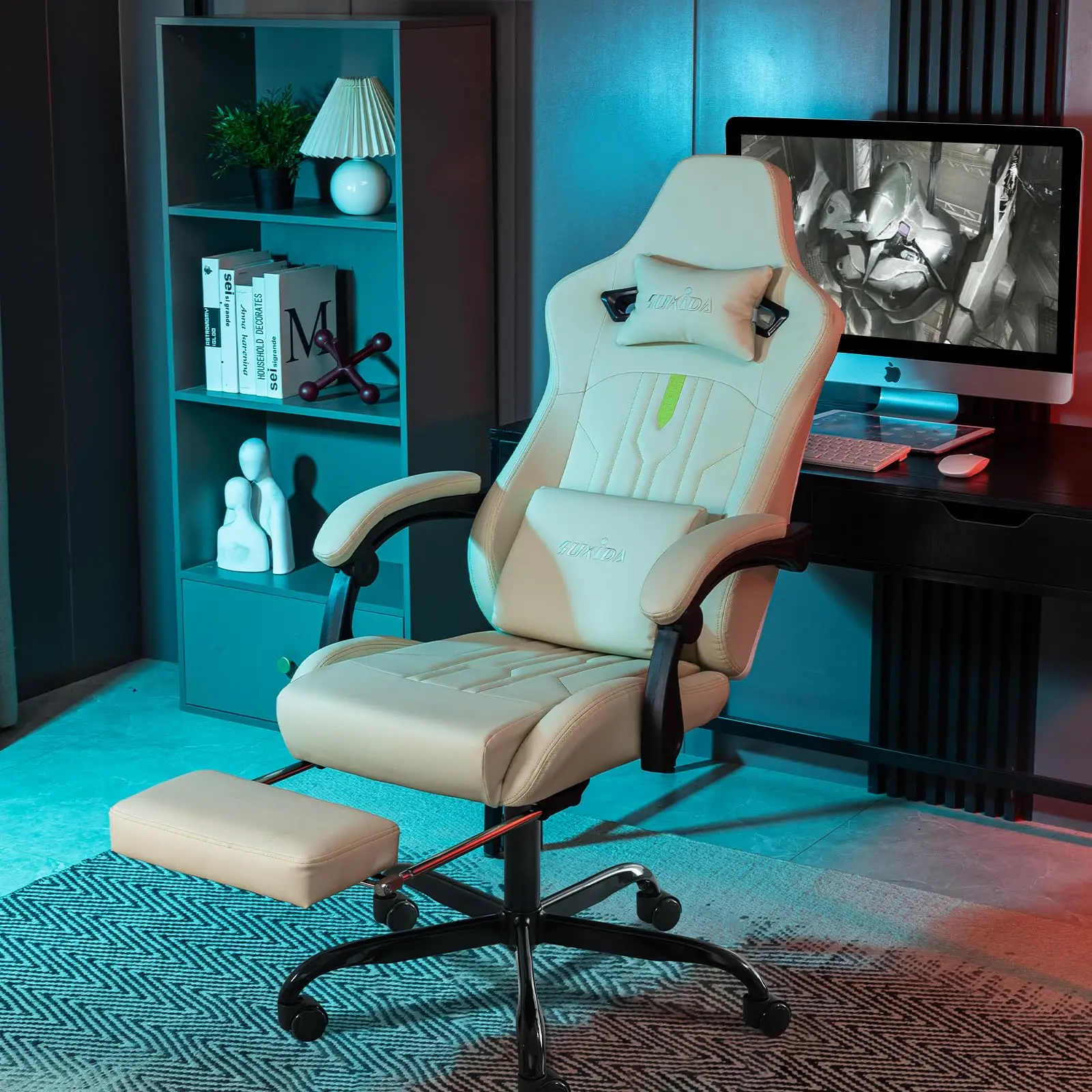 Gaming Chair with Footrest Ergonomic Computer Chair Massage Lumbar Cushion, Racing Video Game Chair Adjustable Rocker
