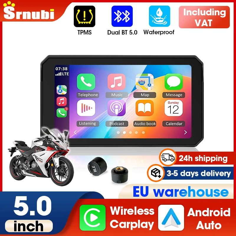 Srnubi 5'' Anti-reflet Portable Moto Carplay Navigation GPS Android Auto Tableau de bord numérique pour moto Écran HD étanche IP67 Double Bluetooth Systèmes TPMS Accessoires moto Prise en charge de l'intercom de casque