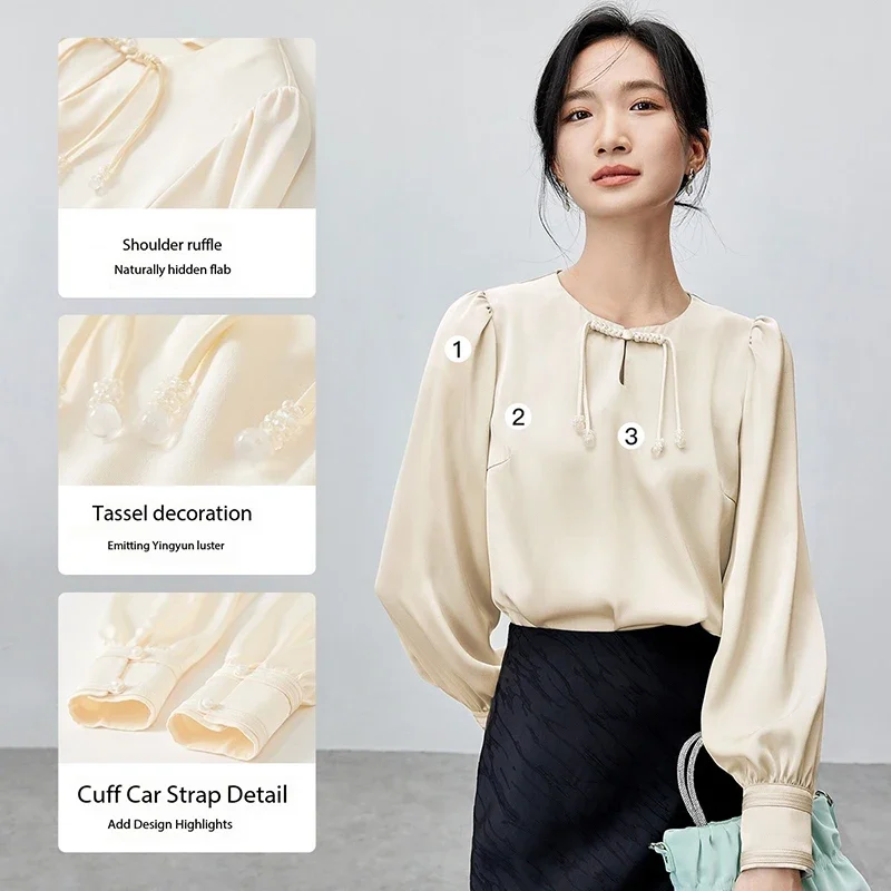 SENTUBILA Elegant Satin Blouse Women 2025 Spring Chiffon Straight Hollow Out Tassel O Neck Chinese Style Women Tops 143V58117X