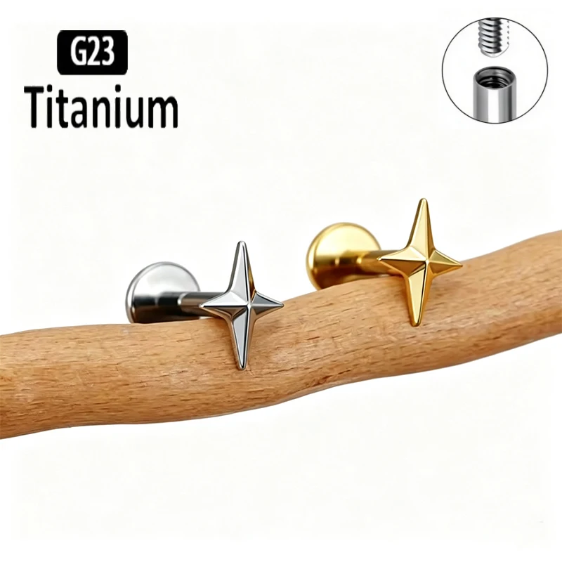 ASTM F136 Titan 16G 18G Vierzackiger Stern Ohrknorpel-Ohrringe Helix Tragus Stecker Flatback Labret Lippenstecker Piercing Schmuck