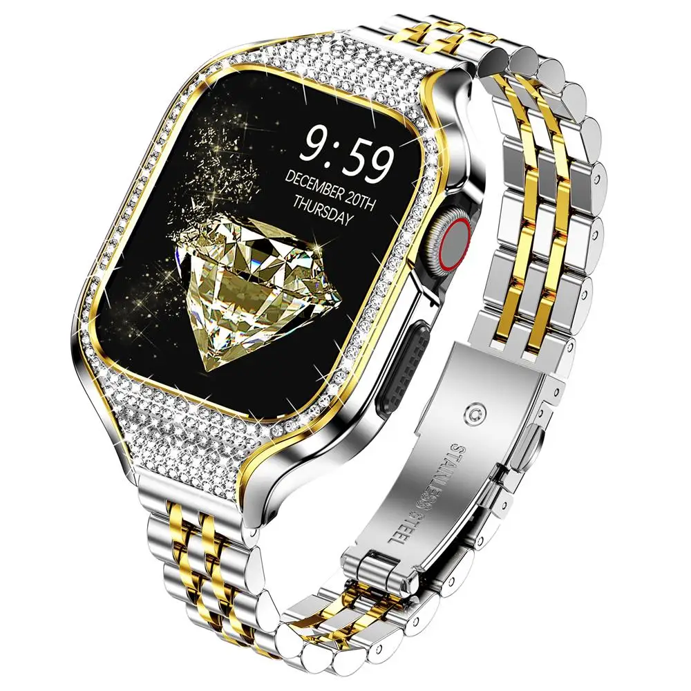 

Bling Case+Strap For Apple Watch Band 41mm 40mm Metal Stainless steel dressy bracelet+Rhinestone case iwatch series SE 7 6 5 4 8