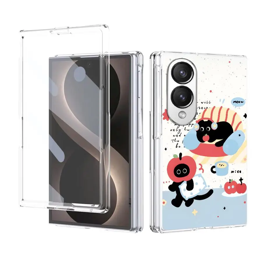 Cute Cat Cartoon Print Transparent Phone Cover Case for Samsung Galaxy Z Fold 8 ZFold 8 PC Hard Luxury ZFold8