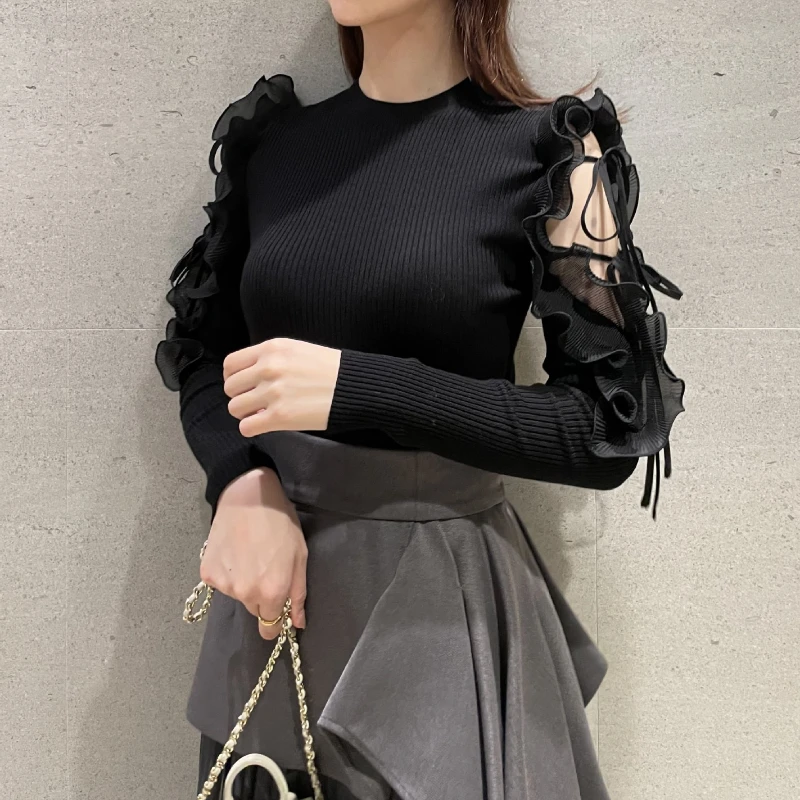 Ruffled Patchwork Off Shoulder Sweater 2024 Autumn Winter New Solid Slim Pull Femme Japan Style Chic Elegant O-neck Pullovers