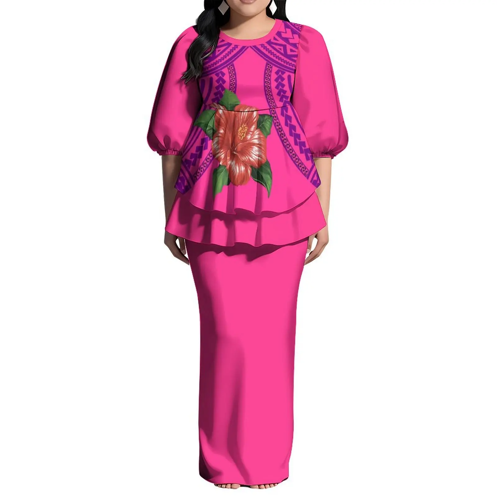 Venda quente personalizado tonga puletasi maxi vestidos amarelo senhoras bolha meia manga design em camadas babado vestido 2 peça conjunto vestido