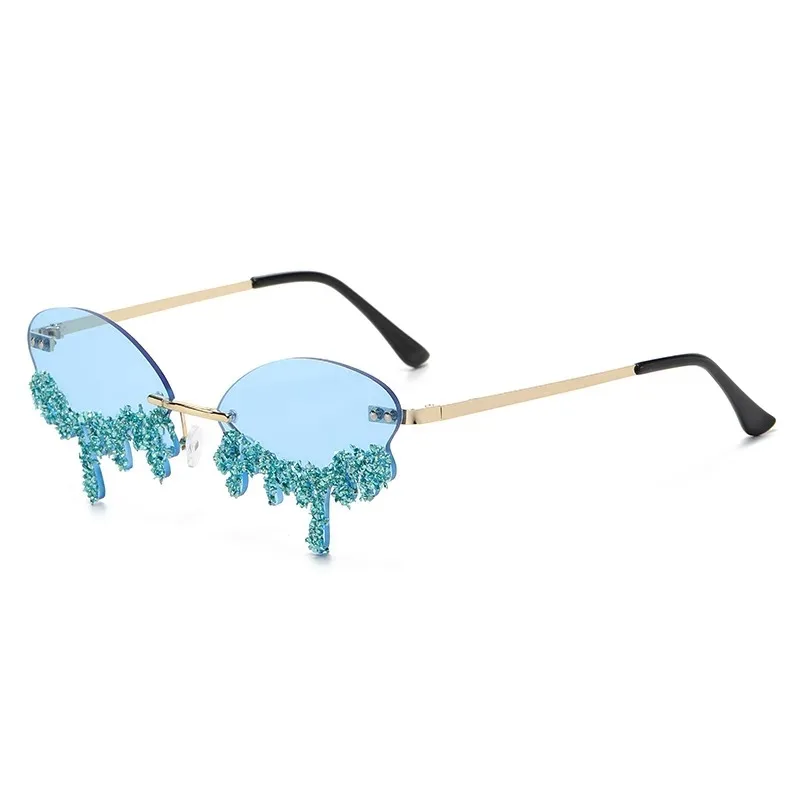 Diamant Randlose Sonnenbrille Damen Luxusmarke Strass Sonnenbrillen Sexy Tränenform Punk Party Eyewear Gafas De Sol – Detail 6
