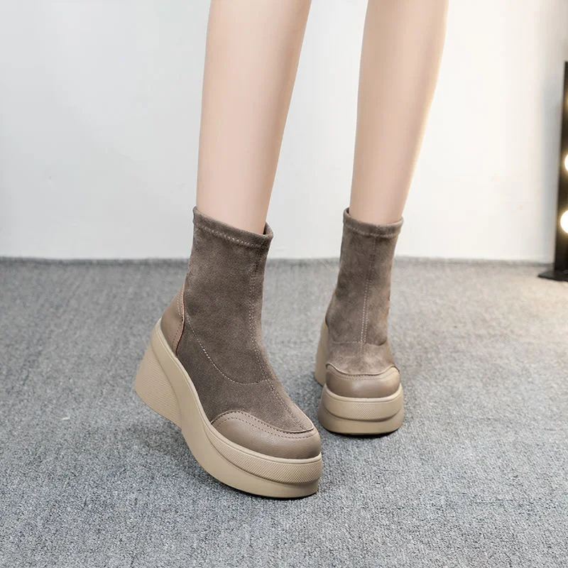 Autumn Spring Women Shoes Woman Platform Boots Fashion Round Toe Ankle Boots 2023 Winter Elastic Black Wedge Comfortable Botas