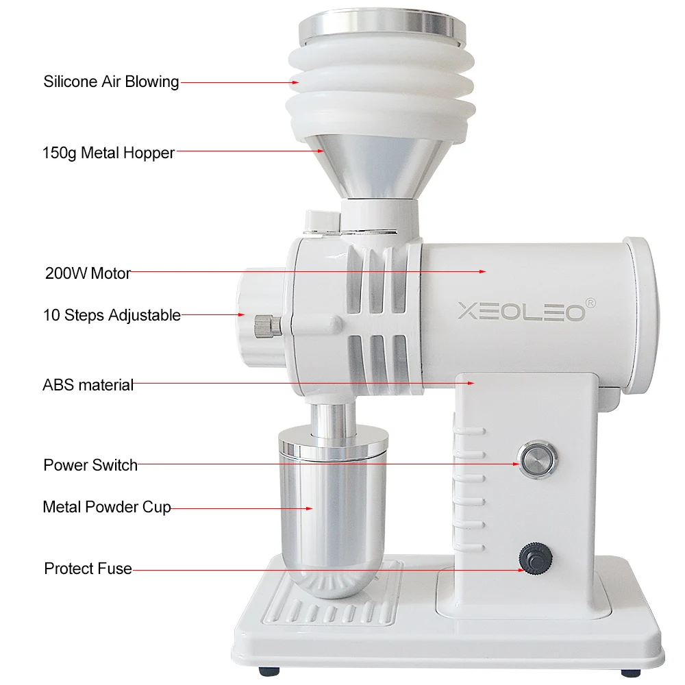 XEOLEO-molinillo de café eléctrico, molinillo de rebabas de Titaninum de 60mm, 200W, molino de grano de café, tolva de soplado, máquina de fresado de café de 10 pasos