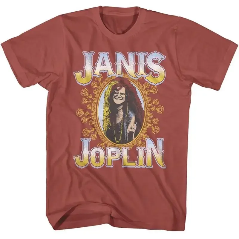 Camiseta con estampado floral de Janis Joplin y motivos musicales en tonos terracota.