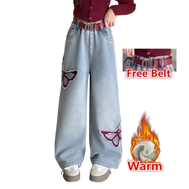 Child Winter Insulate Jeans with Butterfly Embroidery For Teen Girl Warm Thick Vevet Denim Pants With Belt Kids Thermal Trousers