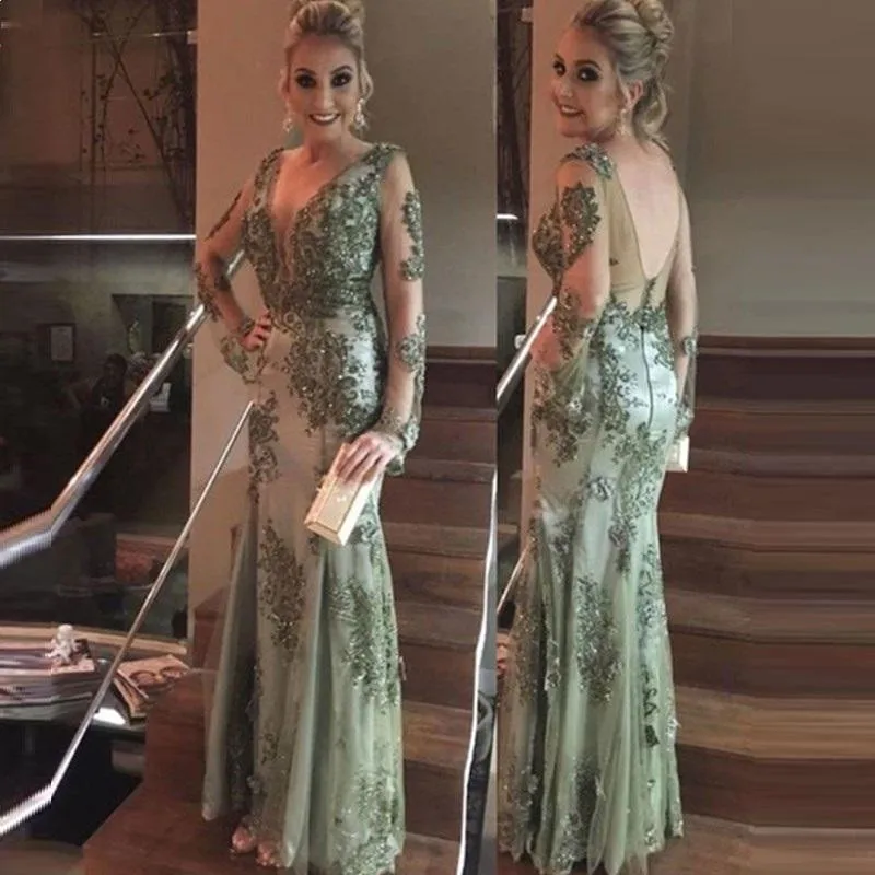 Vestidos transparentes de manga larga para madre de la novia, traje con Apliques de encaje, tul, sirena, para fiesta de noche, trompeta, 2023