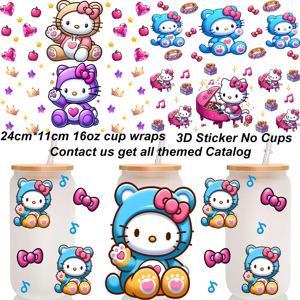 Lovly Cartoon Kitty Theme 16oz UV DTF Cup Wrap Libbey Cup DIY Girl Gift Glass Cup Wraps Cut Cat Pattern 3D Transfers Sticker