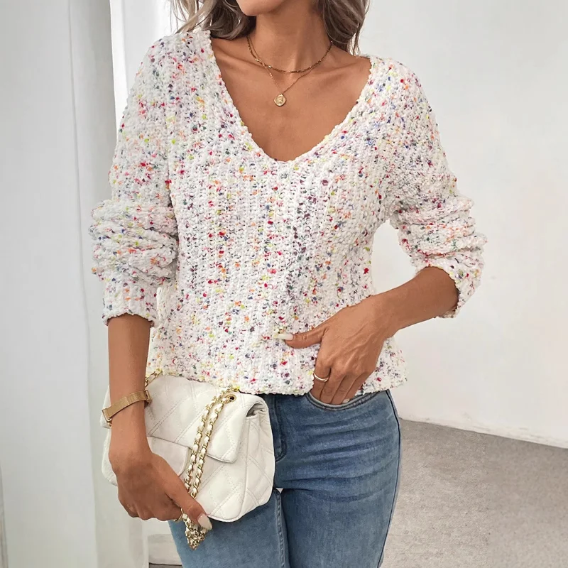 

High End Sense Long Sleeve Soft Knit Top Autumn Winter New Arrival Loose Lazy Style V Neck Pullover Women Sweater