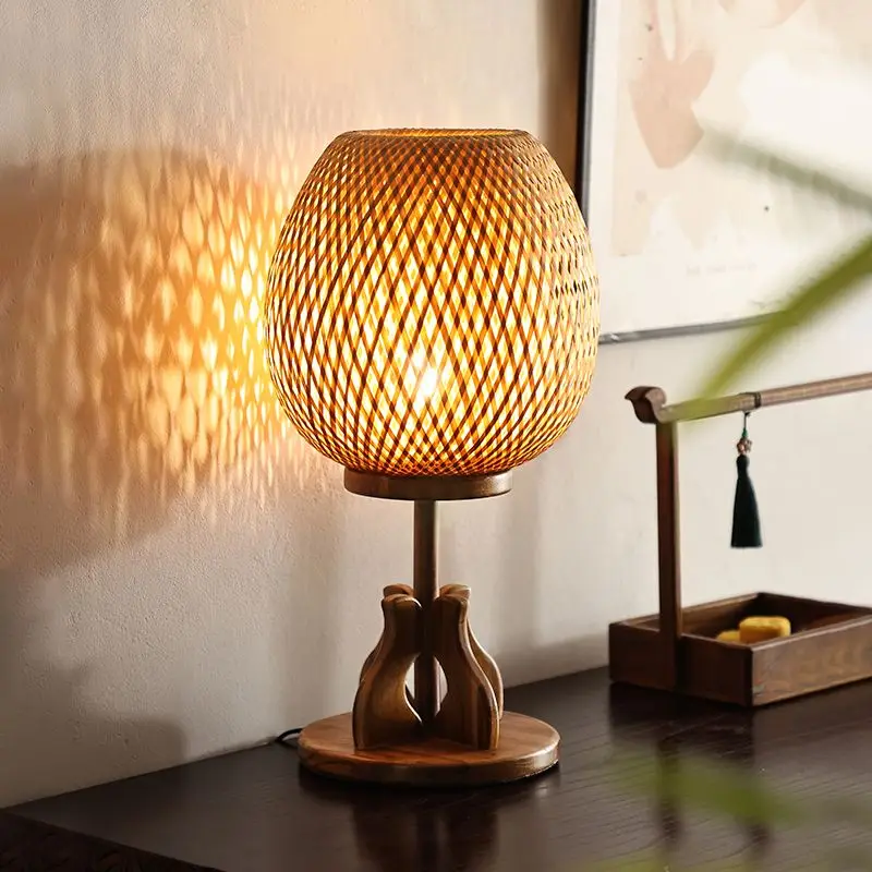 

Solid Wood Bamboo Desk Lamp Bedroom Bedside Lamp Tea Room Ancient Style Zen Retro New Chinese Atmosphere Lamp Led Lights