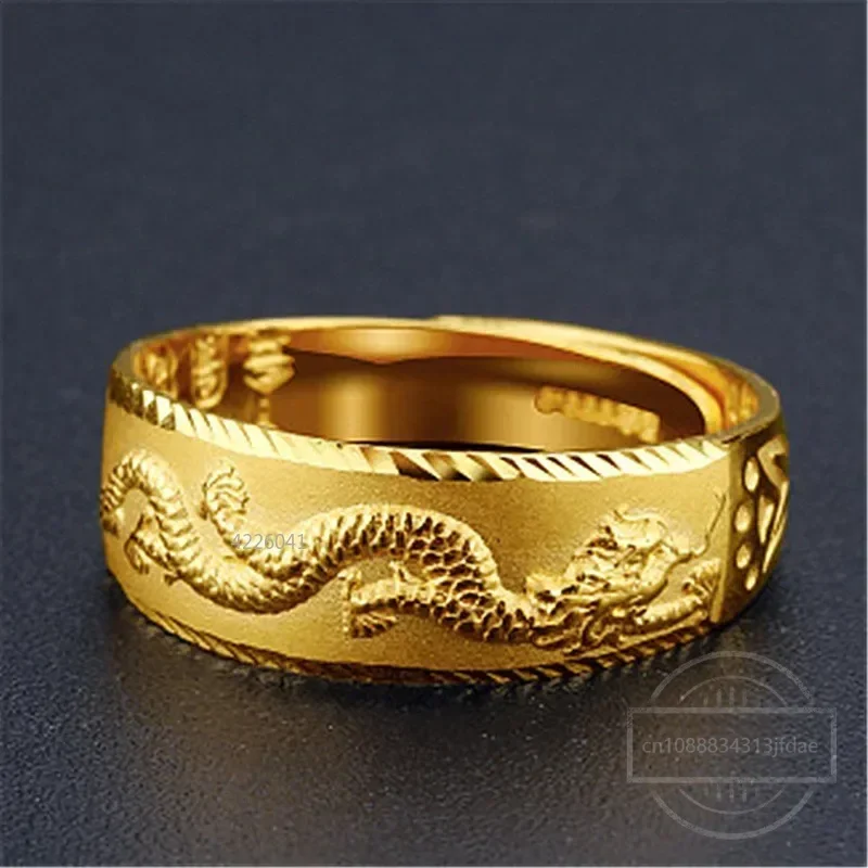 24k Gold Ring for Man Luxury Engraving Dragon Adjustable Ring Fashion Jewelry Male Two Color Yellow/White Gold Finger Ring Gift