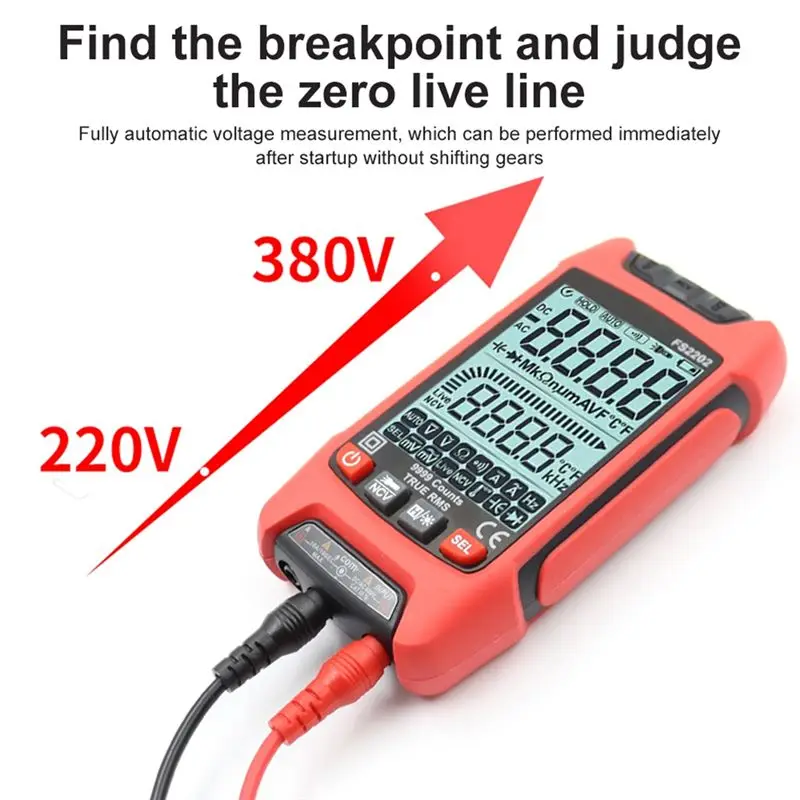 SDFC FS2202 Auto Range Multimeter 9999 Counts TRMS AC DC Voltmeter Amp NCV Resistance Capacitance Transistor Tester Red