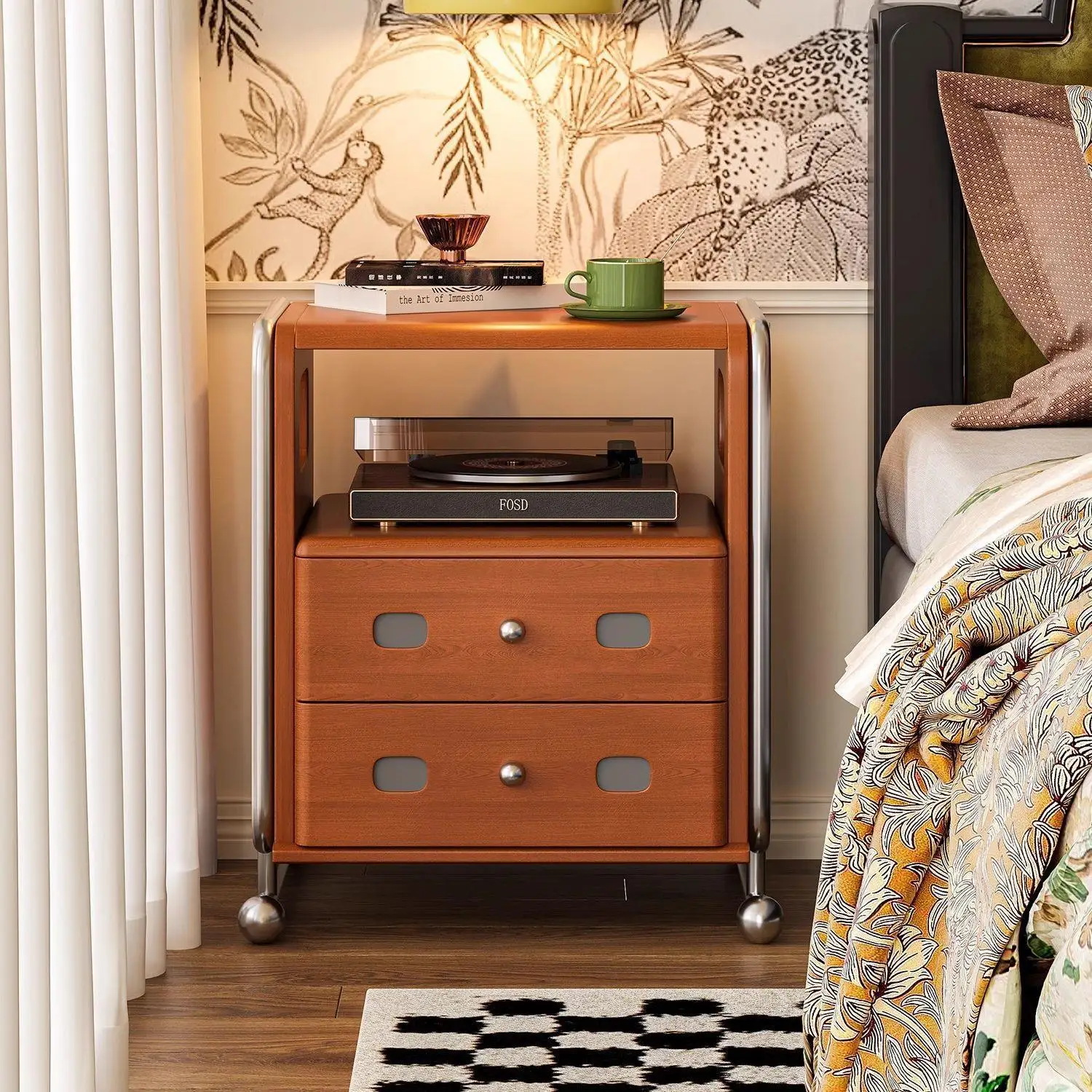 Retro solid wood treasure box bedside table stainless steel medieval bedroom side cabinet storage cabinet