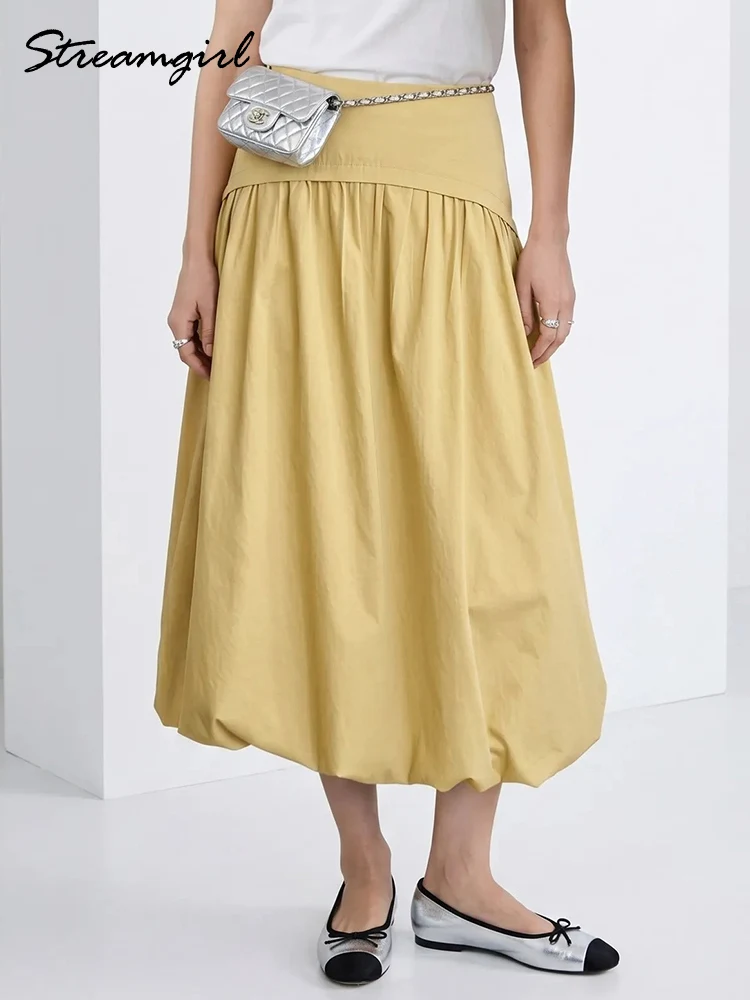 

Streamgirl Yellow Bubble Skirt Midi Women Summer Blue A Line Balloon Midi Skirts Ladies Office Bud White Skirts Women Elegant