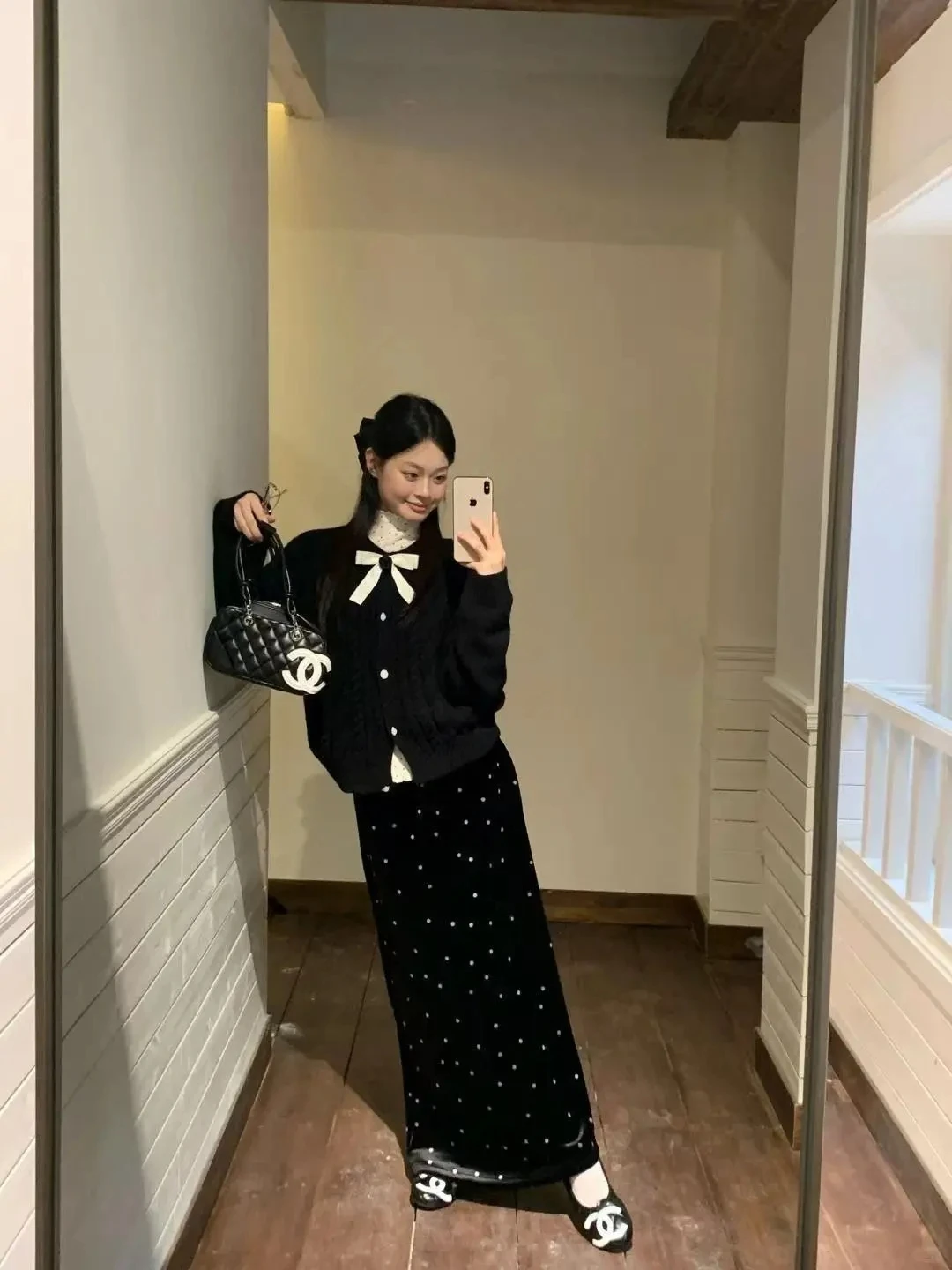 

Women's Knitted Tee-Piece Set Spring 2026 Korean Sle Polka Dot Base irt f Skirt Cardigan Knot High Waist