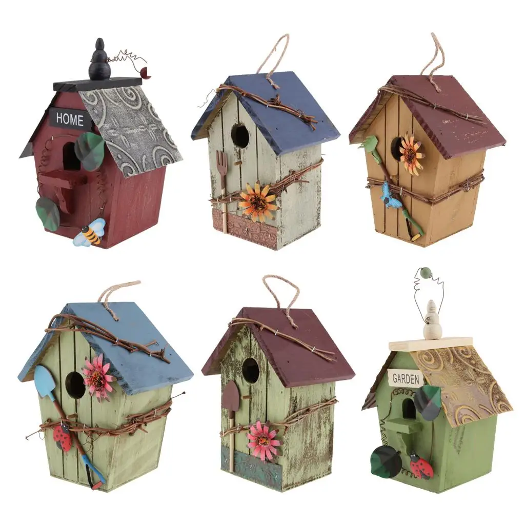 Hand-painted Wooden Birdhouse with Jute Cord Home Outdoor Garden Decoration