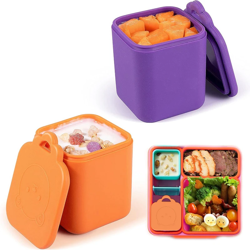 Non-Stick Silicone Lunch Box For Kid Sauce Cup With Lid Small Condiment Dipping Storage Box Container Cute Bear Square Bento Cup