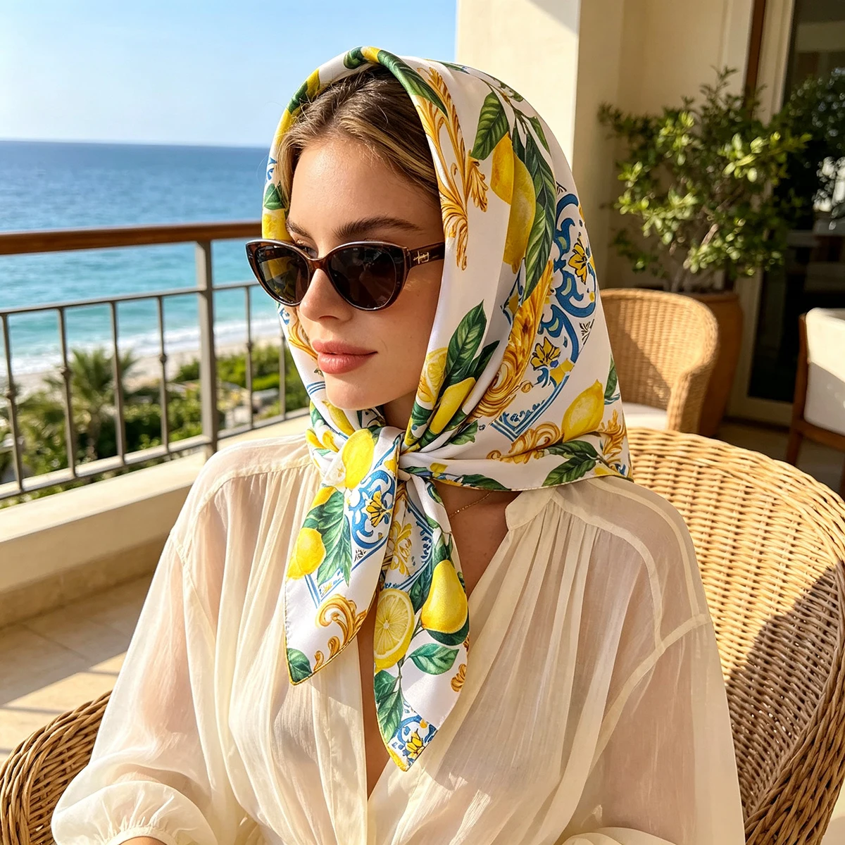 2026 New Lemon Printed Square Scarf Soft Satin Imitation Silk Scarves For Women Bandanas Hijab Neckerchief Elegant Shawl Wraps - view 2