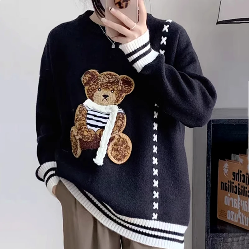 Vintage Side Seam Line Cute Bear Embroidery Sweater for Girls Varsity Students Kawaii Hoodies Coat Harajuku Couples Winter Tops