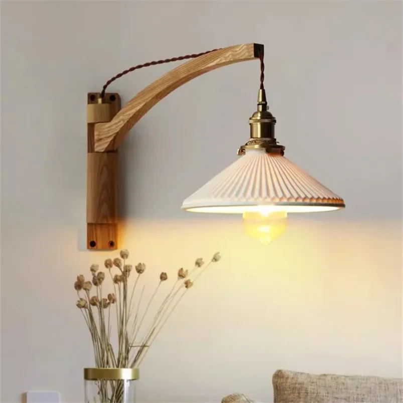 

Japanese wooden wall light mid century Swing Folding lamp ceramics lampshade Bedroom Bedside Vintage Retro reading light