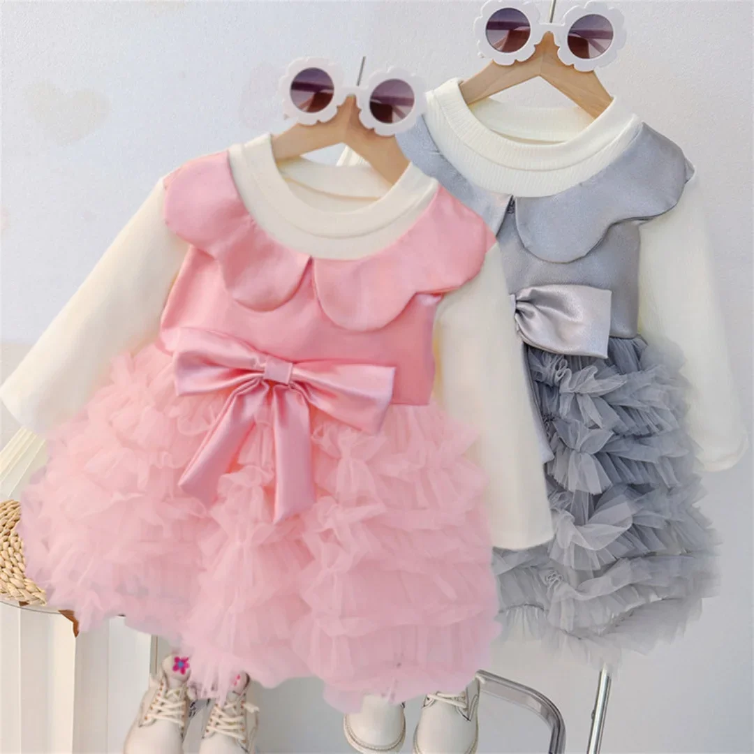 

2025 New Girl Clothes Birthday Dress Big Bowknot Tulle Princess Dress Layered Mesh Tutu Dress for 1-4Y Baby Girl One-piece Dress