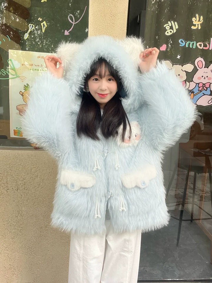 

Kawaii Cartoon Long Sleeve Plush Hooded Thickened Coat Women Winter New Sweetheart Girl College Style Cute Horn Button Coats