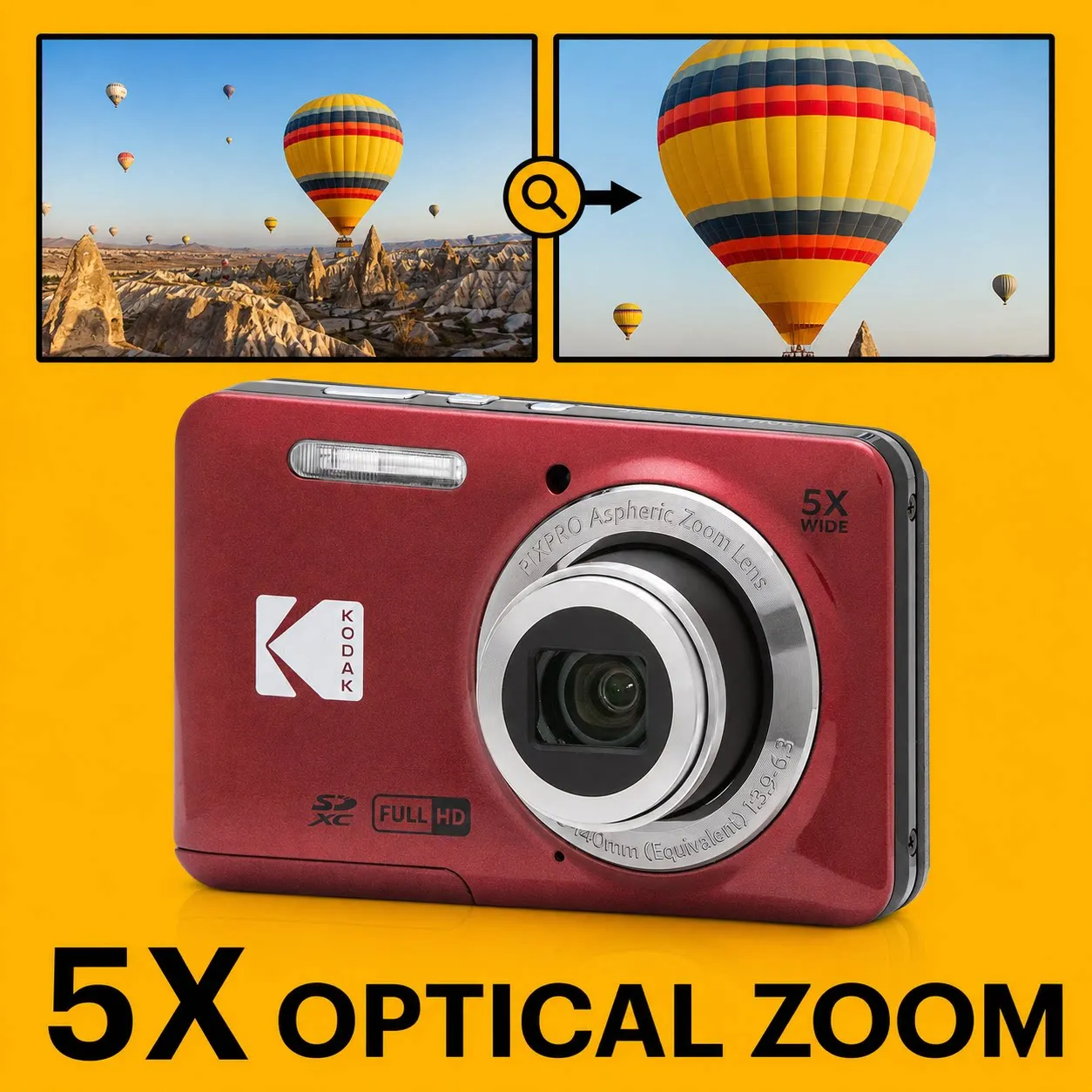 KODAK PIXPRO FZ55-RD Fotocamera digitale da 16 MP Zoom ottico 5X 28 mm Grandangolo 1080P Video Full HD Telecamera per vlogging LCD da 2,7"