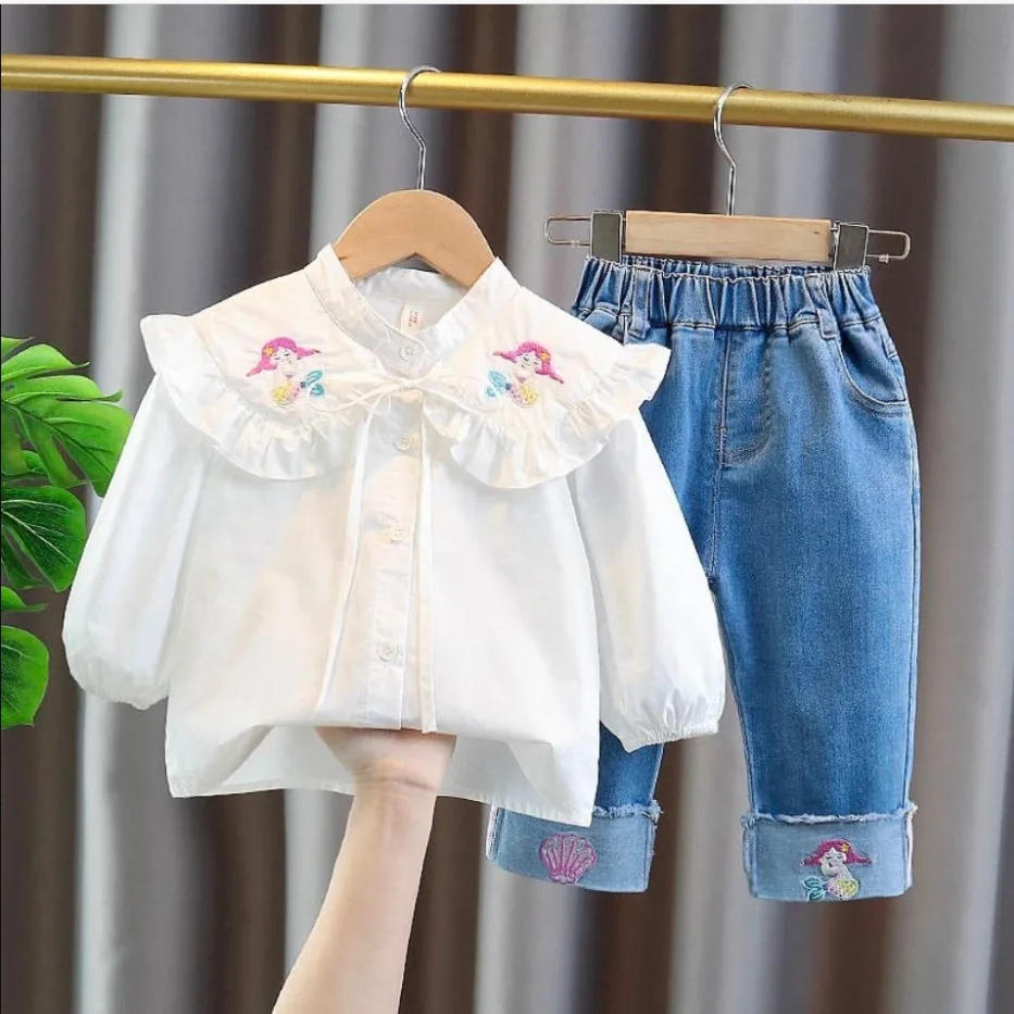 Children Girls\' Clothes Suits 2024 Spring Autumn Baby Girls  Cartoon Shirt Jeans Pants Two-piece Clothing Sets