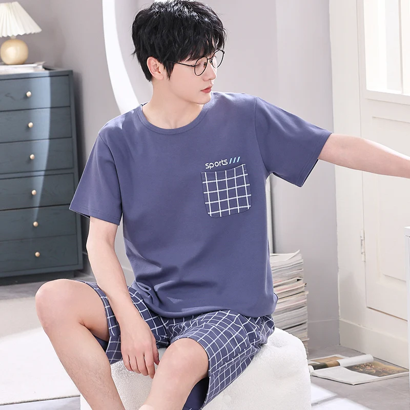 Big Size 4XL  Men Pajamas Set Summer Knited Cotton Short Sleeve Pyjamas Male Plaid Sleepwear