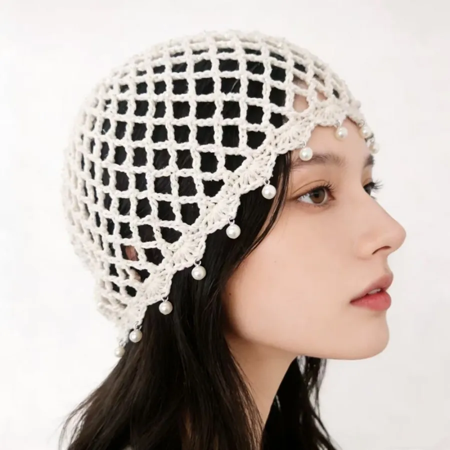 Hand-Woven Hollow-Out Headgear for Women Summer Breathable Artistic Versatile Pullover Hat with Sequins and Pearls, Knitted Hat image 5