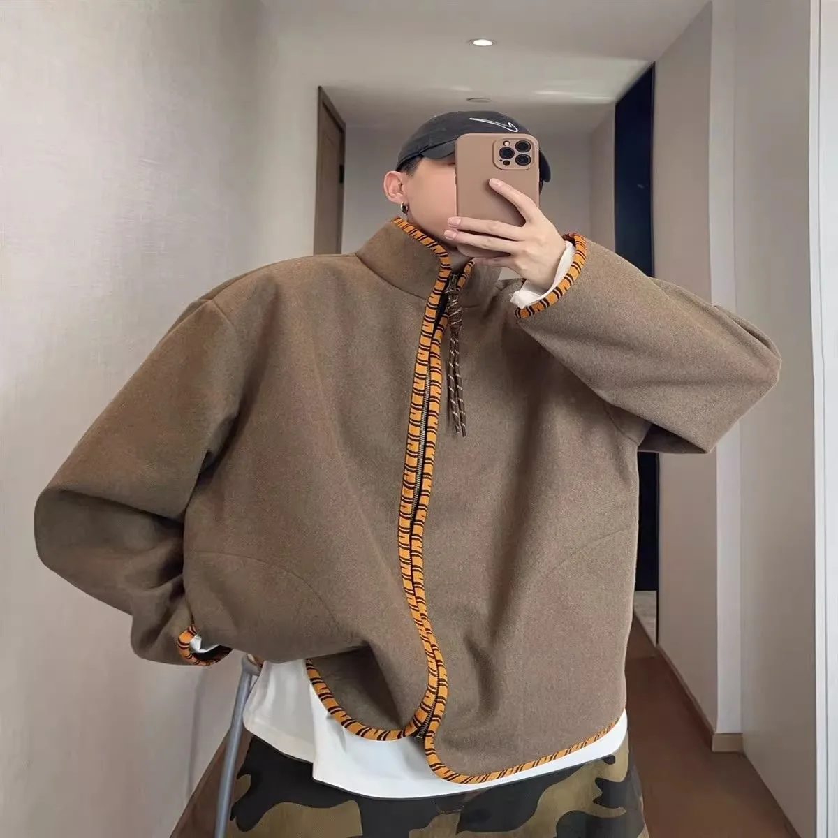 

Пальто из полиэфирного волокна большого размера в винтажном стиле с коричневым тигровым узором, шерстяное, с воротником на молнии, для осени и зимы