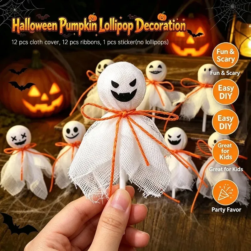 12-72Pcs Halloween Ghost Lollipop Covers DIY Craft Kit White Fabric Ghosts with Smiley Stickers Party Decoration Supplies