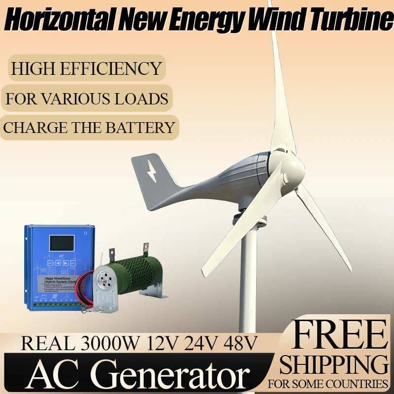 

12V 24V 48V 1000W-3000W Low Noise Medium Windmill Household Camping Free Power New Energy Horizontal Wind Generator Turbine