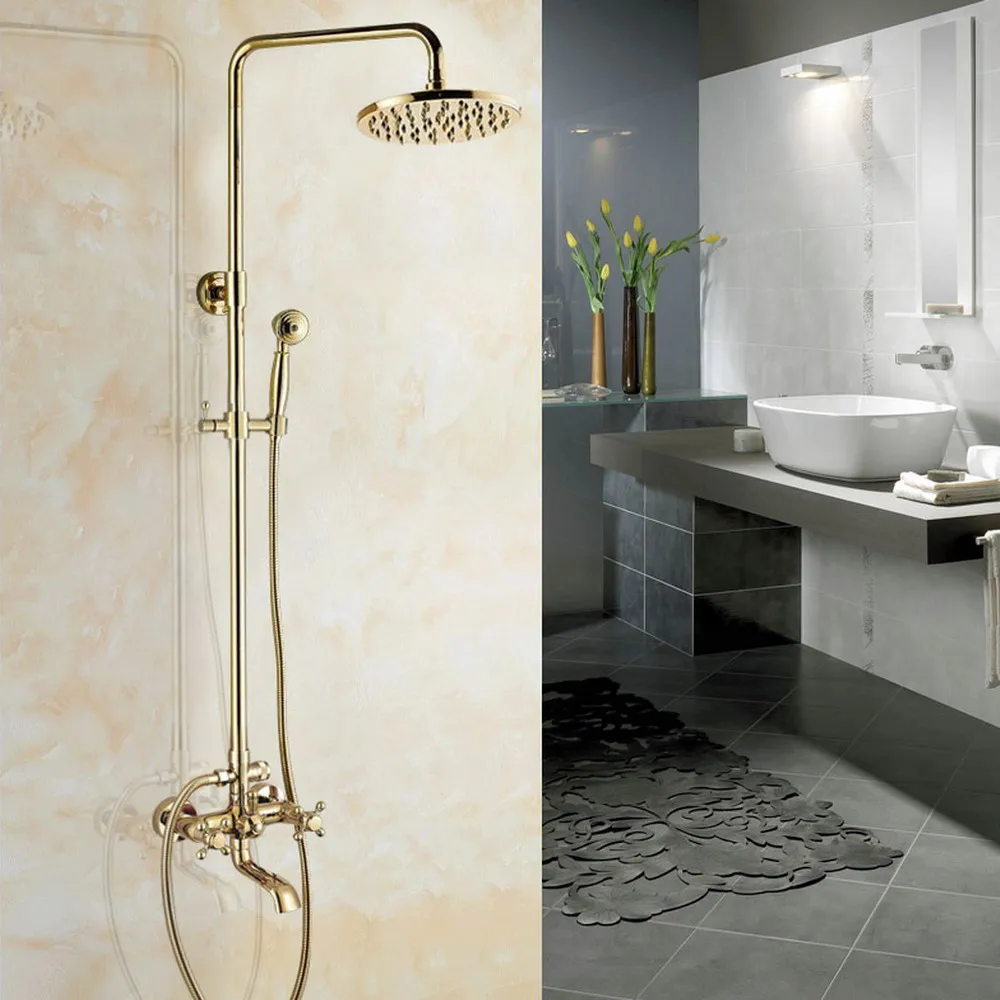 

Gold Color Brass Two Cross Handles Wall Mounted Bathroom Rain Shower Head Bath Tub Faucet Set Telephone Shape Hand Spray mgf382