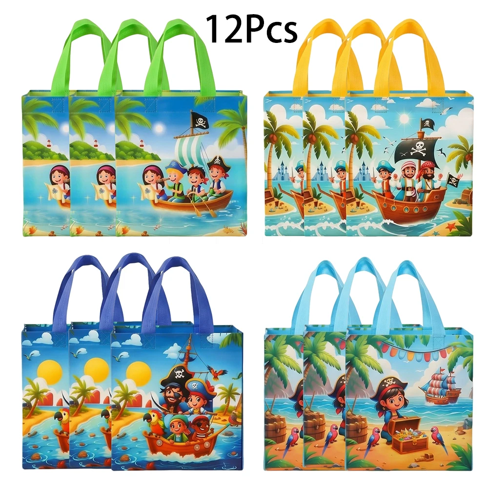 12Pcs Cartoon Pirate Theme Non-woven Gifts Packing Bags Pirate Ship Candy Tote Bag for Kids Birthday Halloween Party Decoration