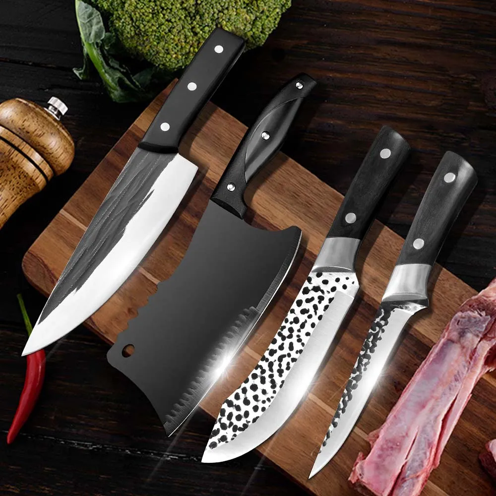 

Black Chinese Chef Knife Hand Forged Kitchen Knife Butcher Meat Cleaver Boning Knife 5CR15 Stainless Steel Blade